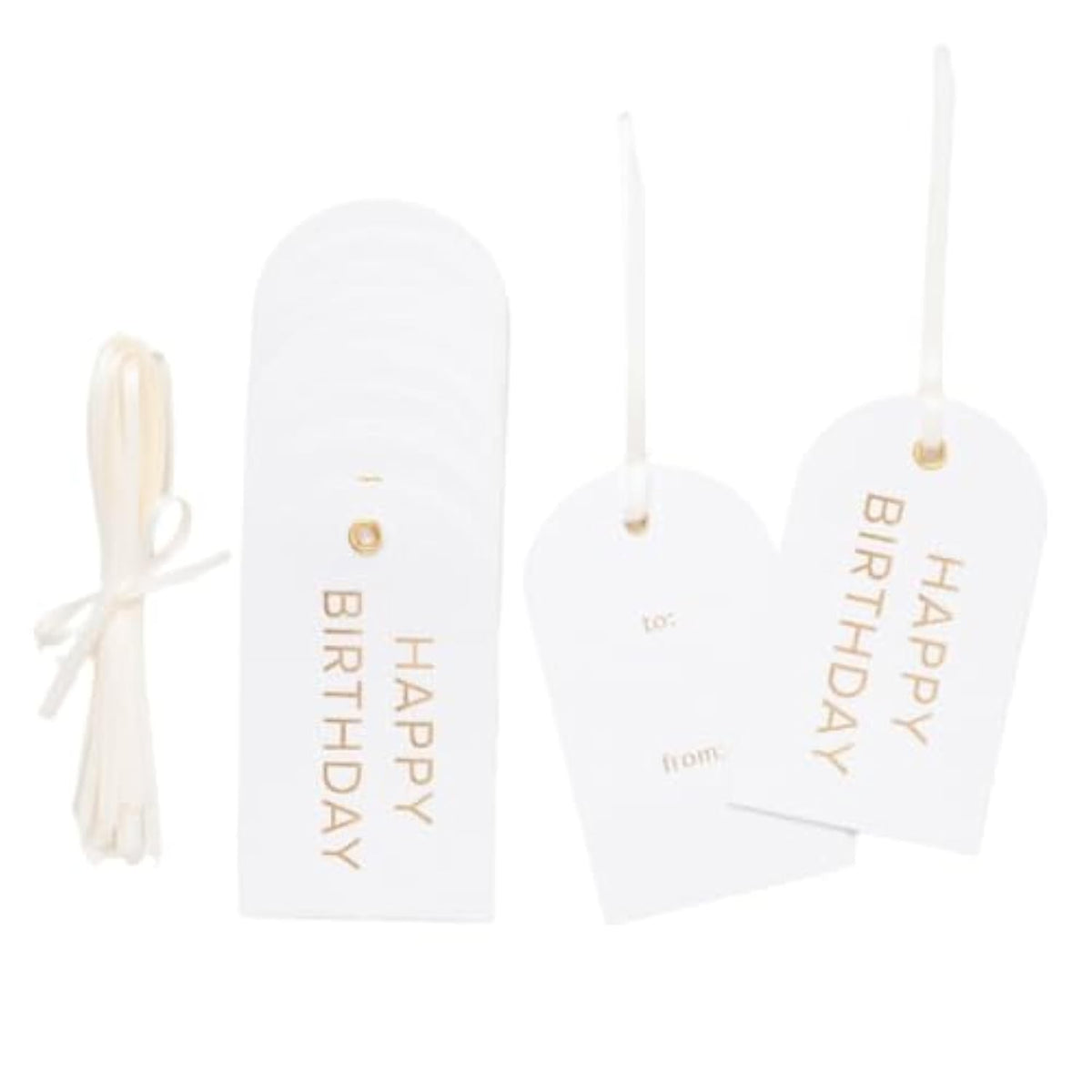 Letterpress Gift Tags, Gold Foil, Happy Birthday, To And From, Set Of 25 Paper Tags With Satin Ribbon