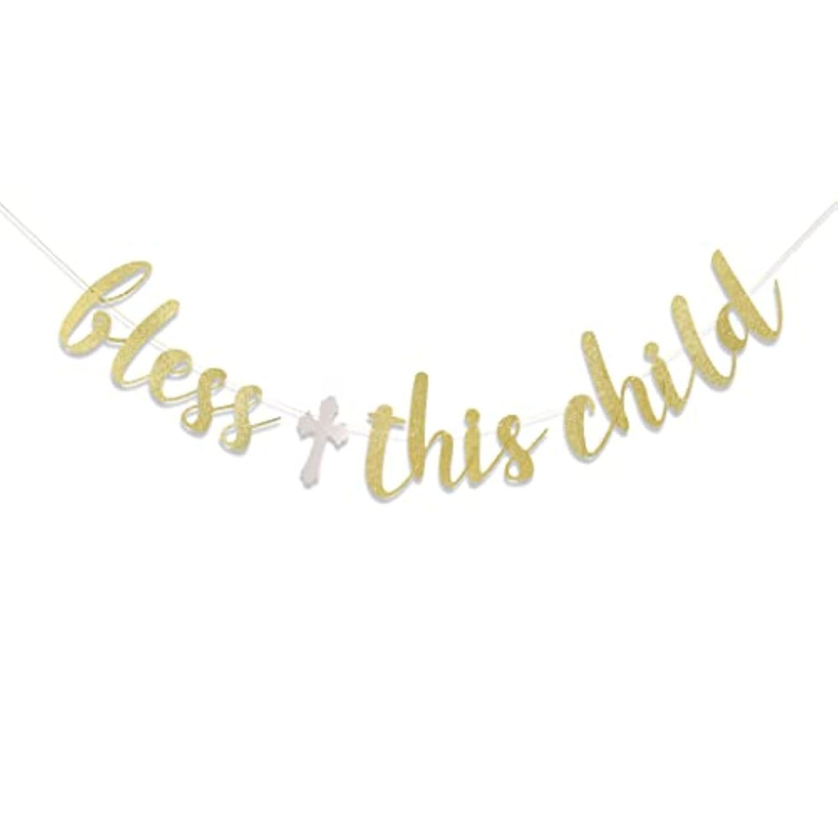 Bless This Child Gold Banner - Boy/Girl Baptism, First Communion, Baby Shower Party Toppers