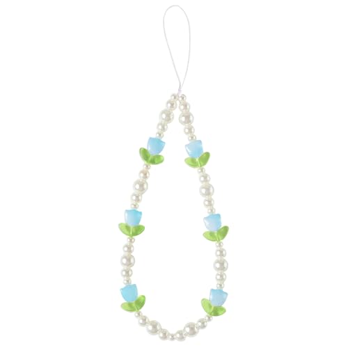 Beaded Phone Charms Cute Aesthetic Tulip Lanyard Strap Girl Wrist Chain, Phone Keychain Decoration for Wallet AirPods-Blue