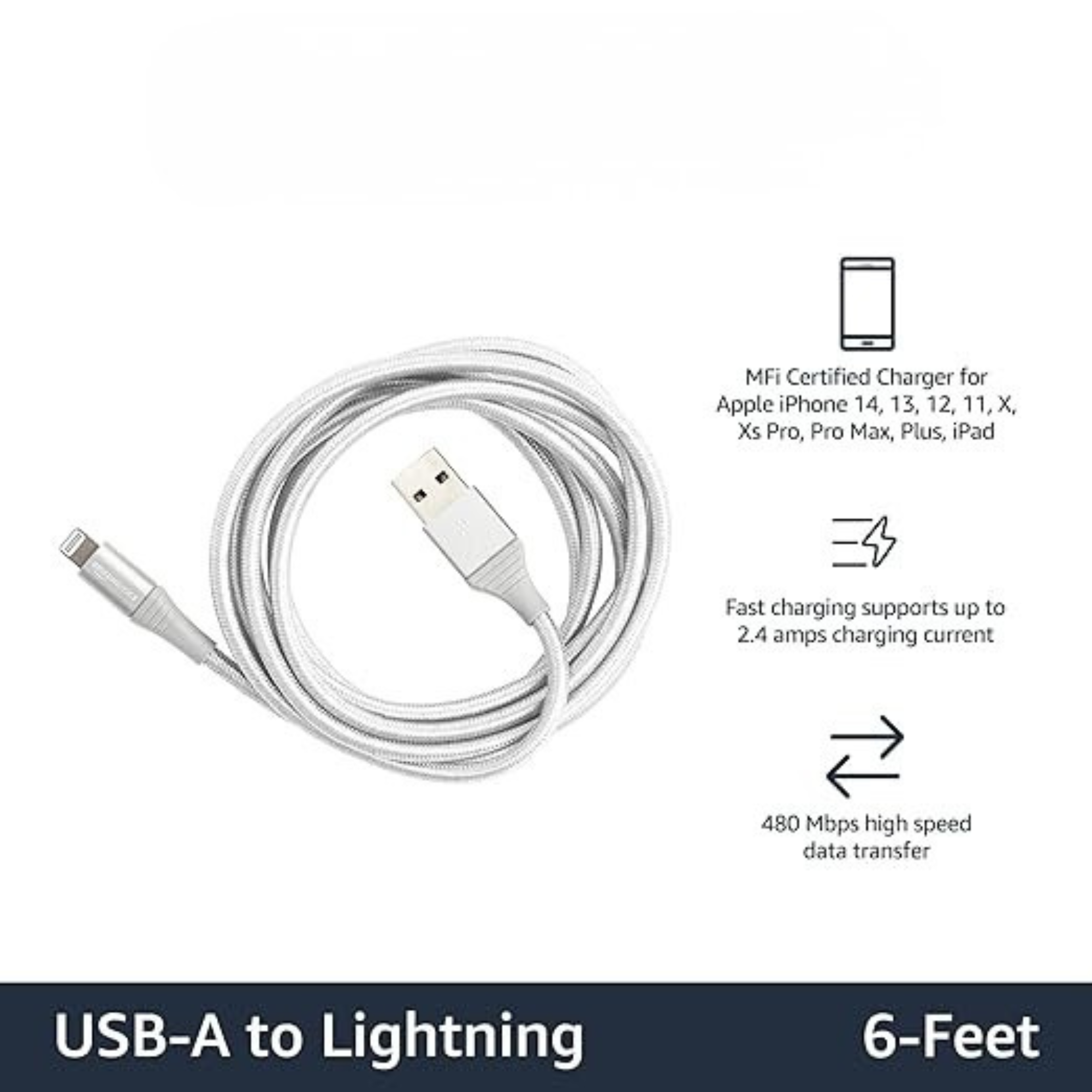 6FT MFi Certified USB A to Lightning Cable Nylon Braided iPhone Charger Cord