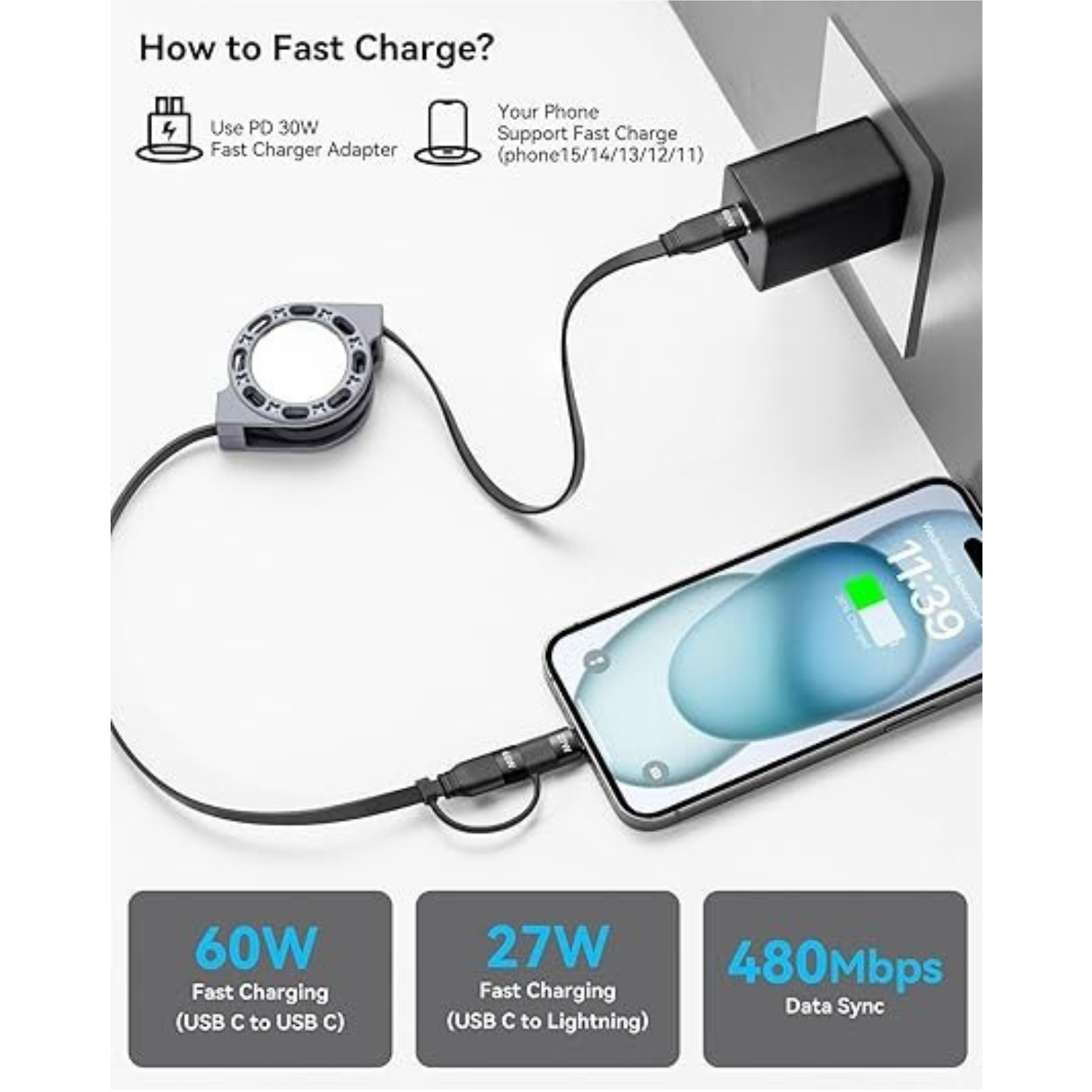 2 Pack 4FT Retractable 2 in 1 USB C to Lightning USB C Fast Charging Cable for iPhone 17 16 15 Samsung iPad