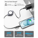 2 Pack 4FT Retractable 2 in 1 USB C to Lightning USB C Fast Charging Cable for iPhone 17 16 15 Samsung iPad