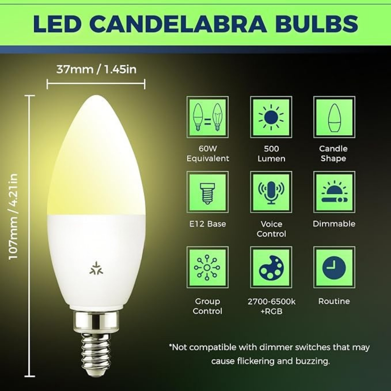 Smart E12 LED Candelabra Light Bulbs 60W Equivalent RGBCW 1 Pack