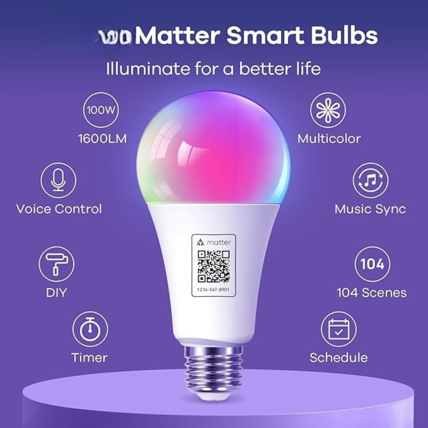 Matter Smart Light Bulbs A21 2 Pack 1600LM 100W Equivalent RGB Color Changing WiFi Bulbs