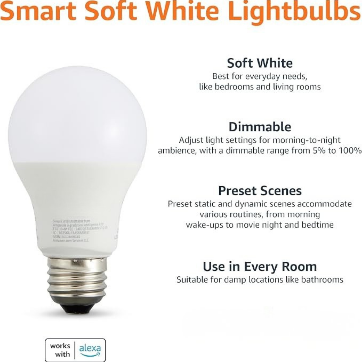 Smart A19 LED Light Bulbs 4 Pack 9W 60W Equivalent Dimmable Soft White 2700K 800LM Alexa Compatible WiFi