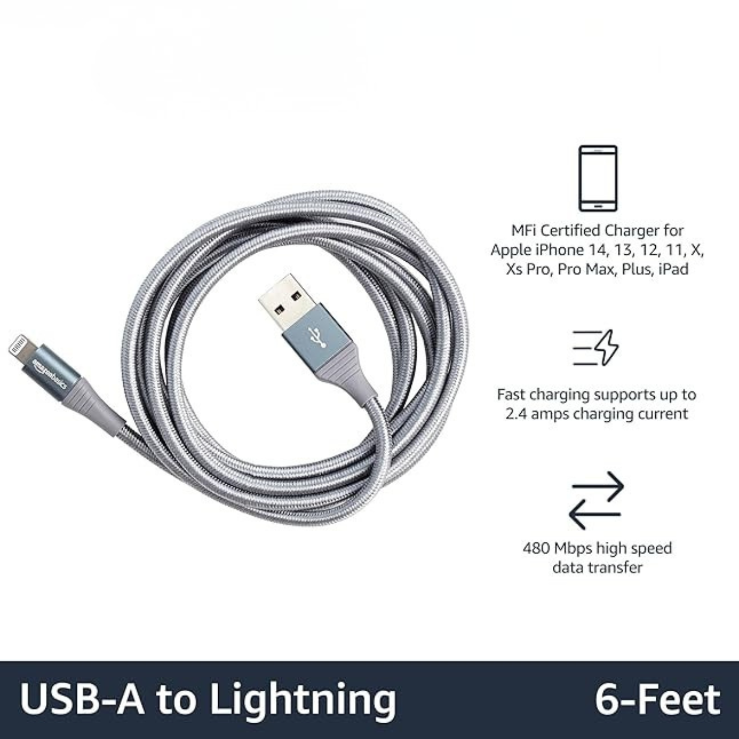Apple MFi Certified USB A to Lightning Cable 6FT Nylon Braided Fast Charging Cord for iPhone iPad Dark Gray