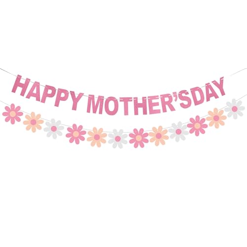 Happy Mother's Day Decorations Banner - NO DIY - Pink Glitter Mothers Day Party Supplies Photo Backdrops