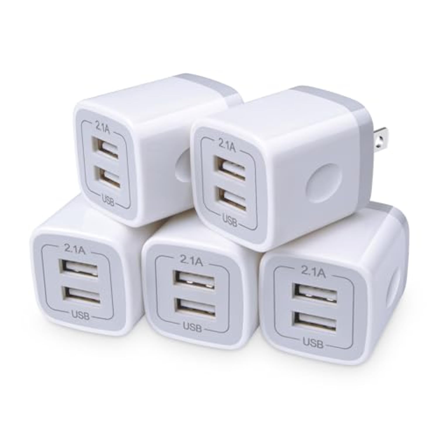 Usb Charger Wall Plug, 5Pack 2.1Amp Fast 2Ports Usb Wall Power Adapter Charging Block Base Charger Brick Cube Box For Iphone 16E 16 15 14 13 12 11 Xs Xr X 8 7, Android