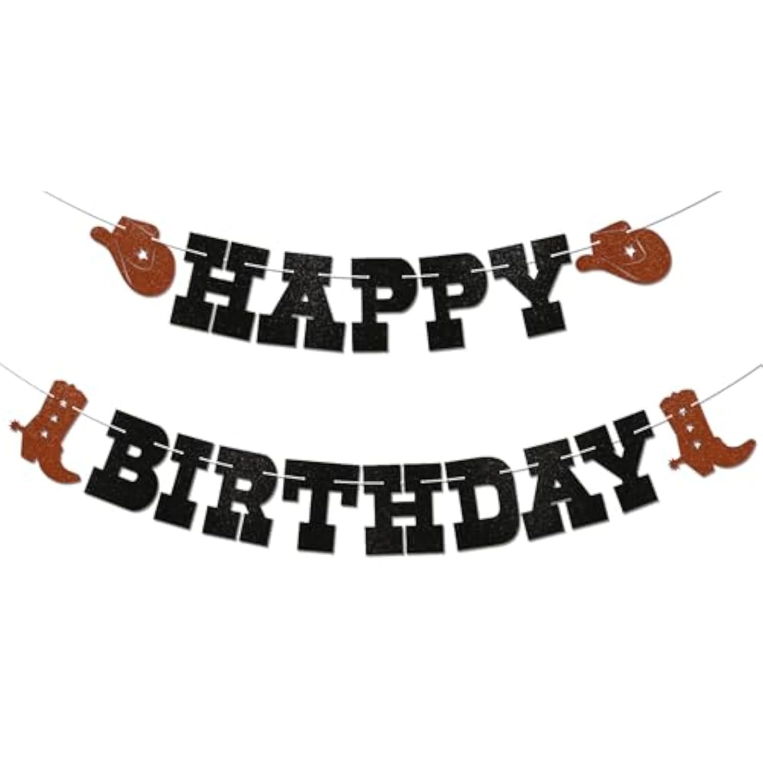 Cowboy Happy Birthday Banner - Western Birthday Party Sign For Cowboy Cowgirl, Horse Racing Party Decor, Rodeo Theme Birthday Decorations Black & Brown Glitter