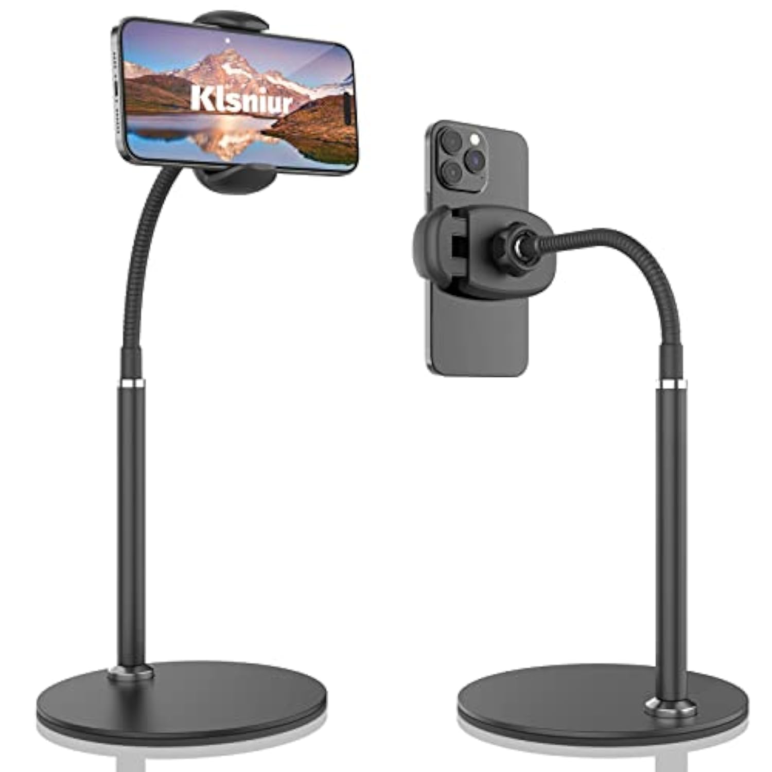 Cell Phone Stand, Adjustable Height & Angle Gooseneck Stand For Desk Flexible Arm Universal Holder, Aluminum Alloy Desktop Recording Compatible With 3.5"7" Device (Black)
