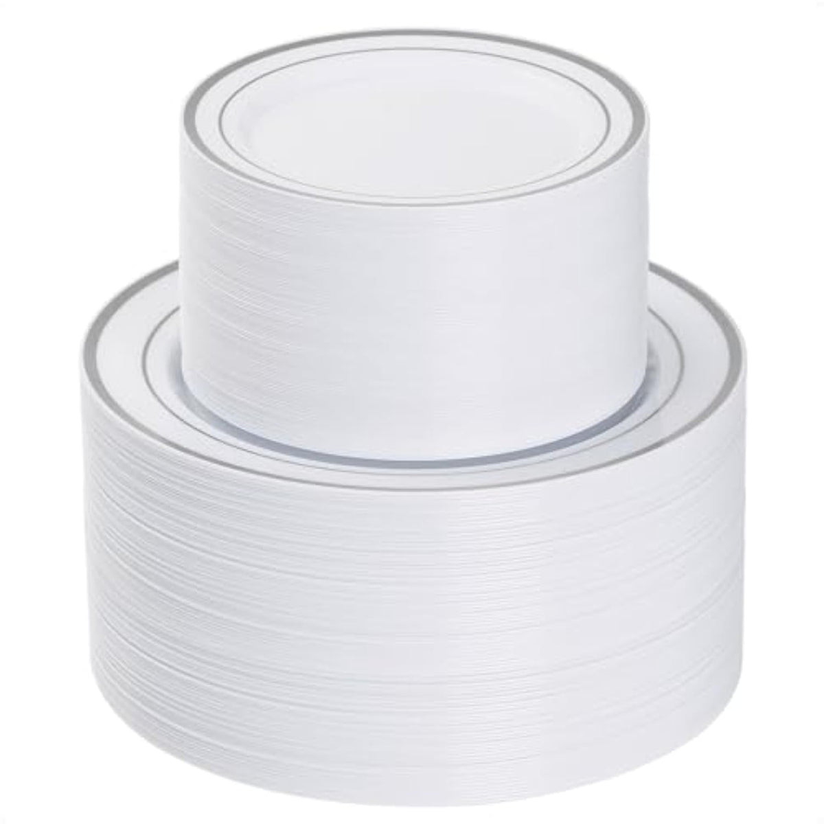 200Pcs Silver Plastic Plates, Heavy Duty Disposable Gold Plates With 100 10.25 Inch Dinner Plates And 100 7.5 Inch Dessert Plates, Disposable Plates For Party, Holiday, Wedding, Christmas