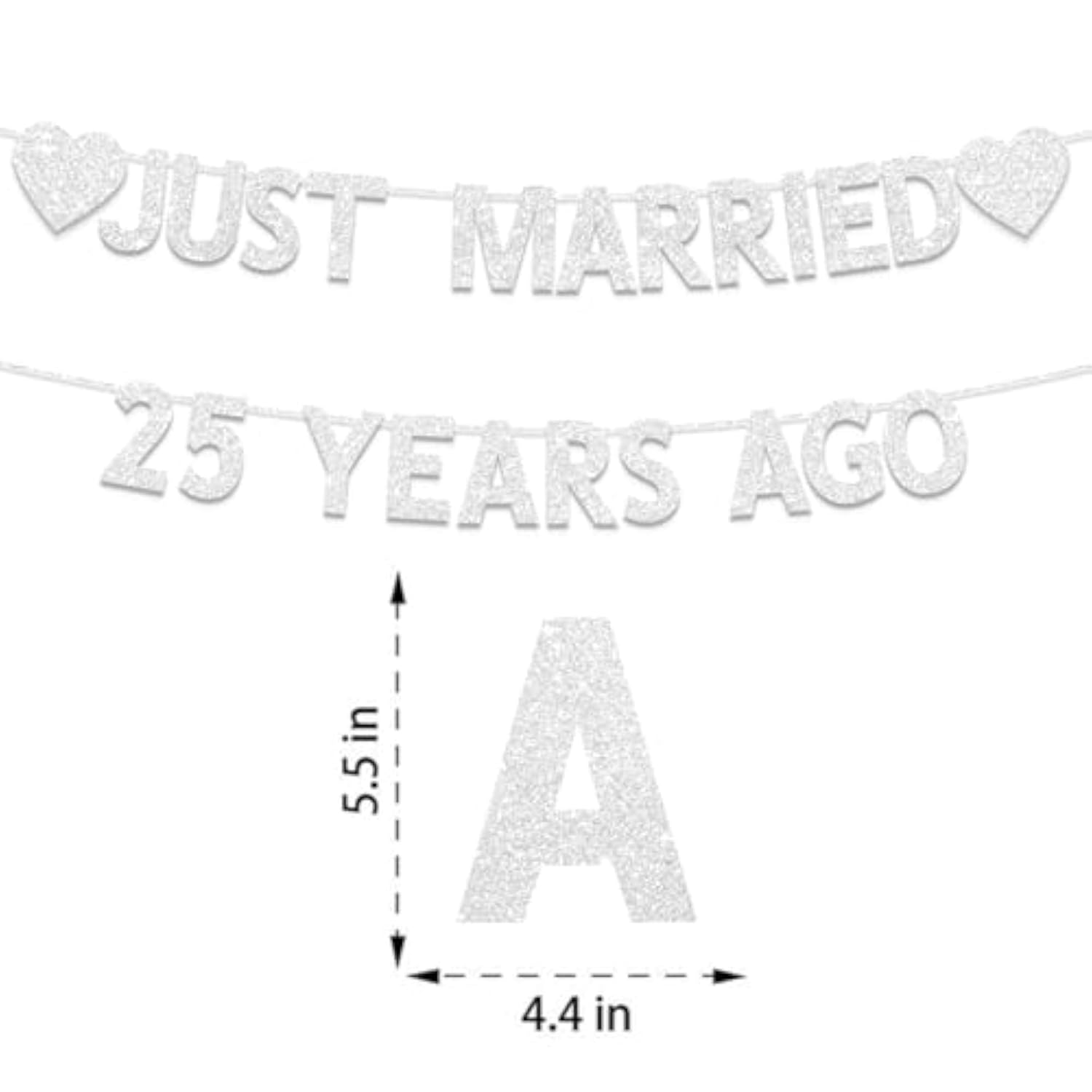 25th Wedding Anniversary Banner, Silver Glitter Just Married 25 Years Ago Decor