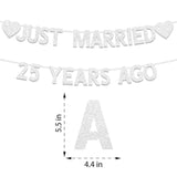 25th Wedding Anniversary Banner, Silver Glitter Just Married 25 Years Ago Decor