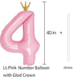 Number 4 Balloon With Crown, Large Number Balloons 40 Inch, 4Th Birthday Party Decorations Supplies 4 Year Old Birthday Sign Decor, Pink