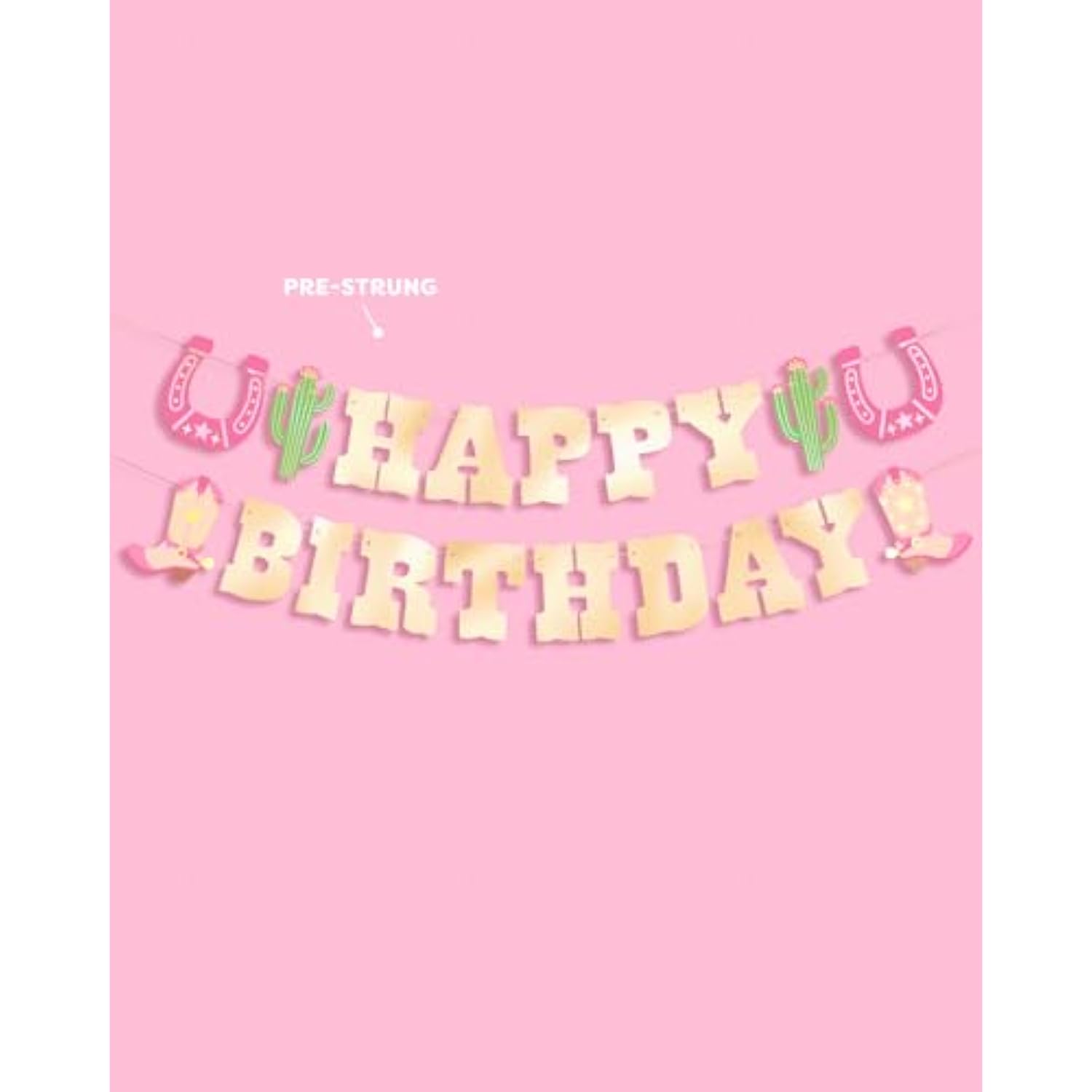 Western "Happy Birthday" gold foil banner, 4.5ft, for cowgirl and rodeo-themed parties