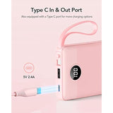Portable Charger Power Bank, 10000Mah Travel Essentials Battery Pack, 5 Outputs 2 Inputs Slim Charging Bank Built-In Cables Cords Wires Compatible With Iphone,Samsung,Android-Pink(1 Pack)