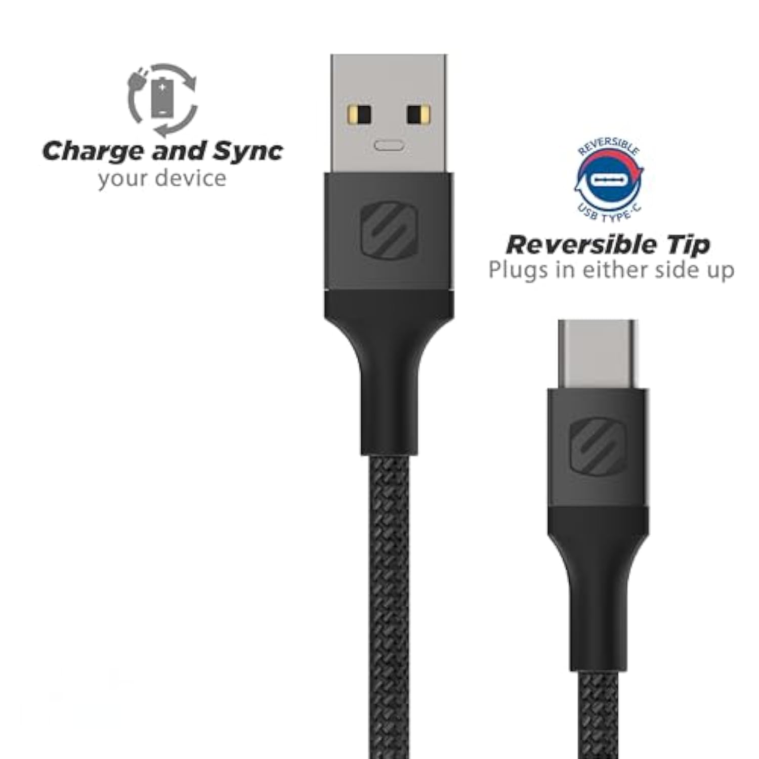 Scosche CAB1-SP STRIKELINE Premium USB to Type-C Charge & Sync Braided Cable 1-ft. Black