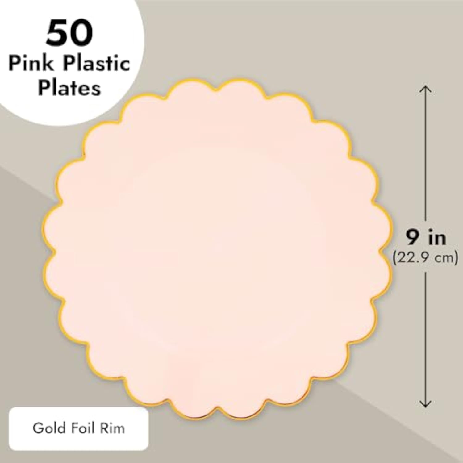 Pink Plastic Plates For Party, 50-Pack - 9 In Pink & Gold Glossy Scalloped Edge - Disposable Heavy-Duty Fancy Plates For Birthday & Baby Shower