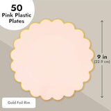 Pink Plastic Plates For Party, 50-Pack - 9 In Pink & Gold Glossy Scalloped Edge - Disposable Heavy-Duty Fancy Plates For Birthday & Baby Shower