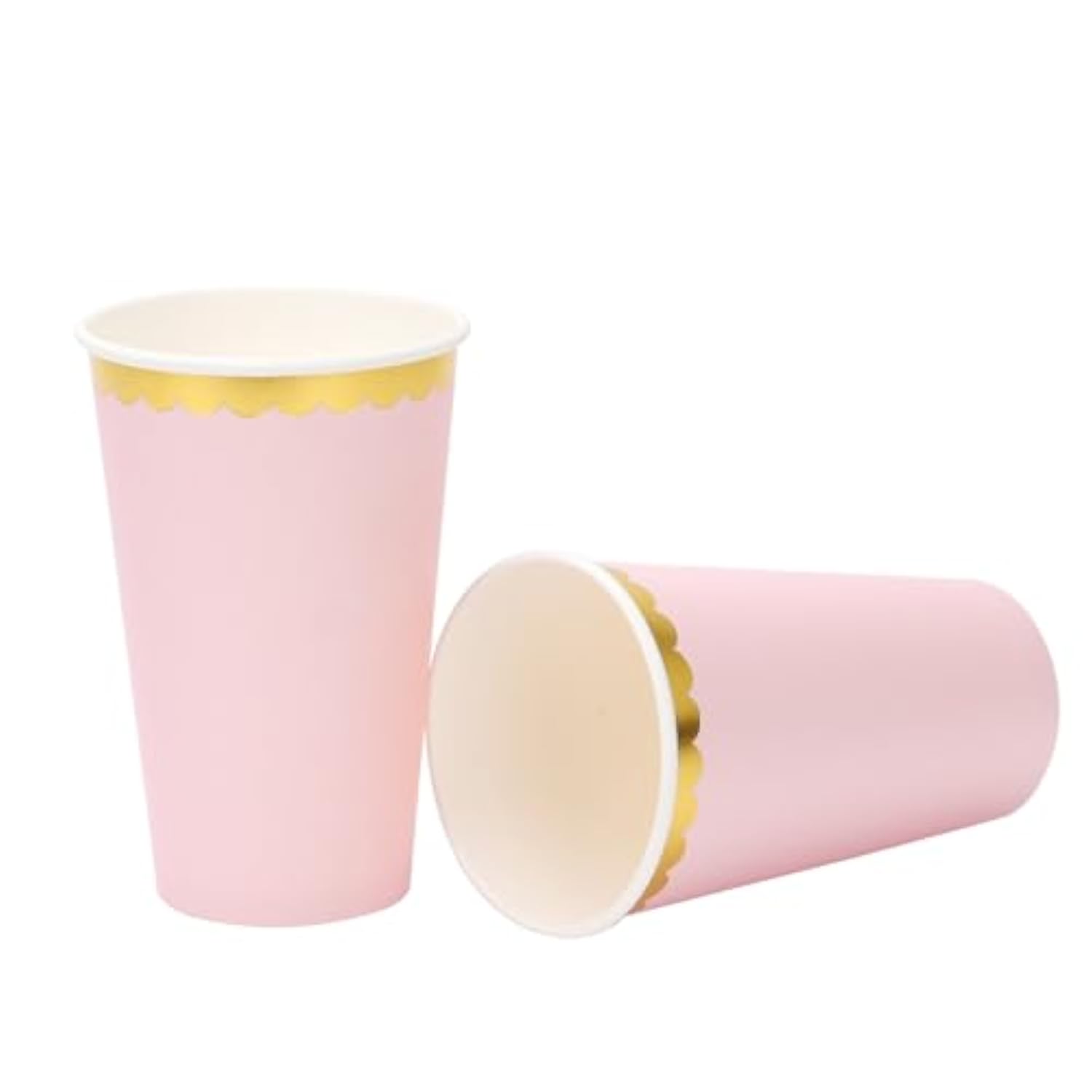 16 Oz Pink Gold Paper Disposable Coffee Cups,Hot And Cold Beverage Drinking Cups With Scalloped Gold Foil Border,30 Pcs Party Paper Cups For Party,Picnic,Wedding, And Events