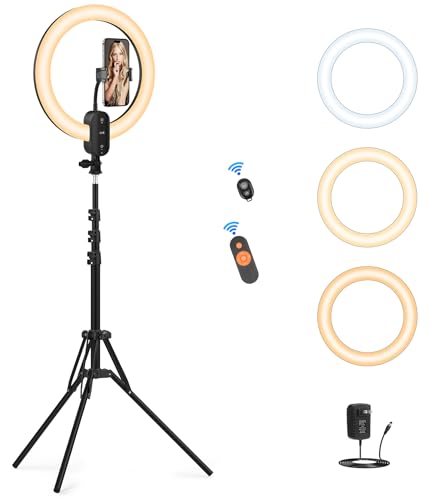 12" Selfie Ring Light with 63" Tripod Stand/Phone Holder, 20W LED Circle Lights Dimmable 3000-6500K with Remote Control and Built-in Rechargeable