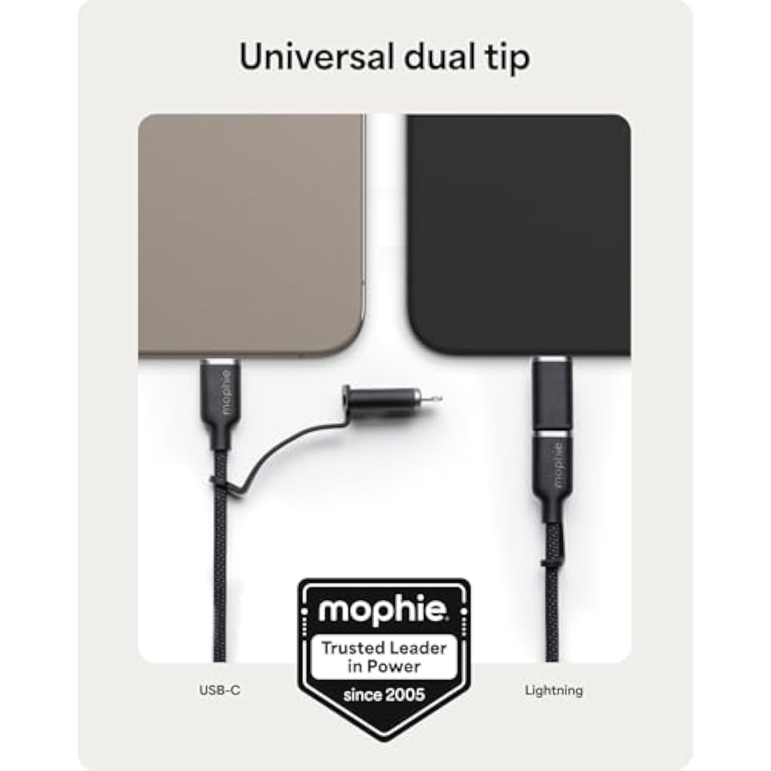 Mophie Charge Stream USB-C to USB-C 1m/3ft Cable with Lightning Adapter - 60W Fast-Charge Universal Charging Cable, MFi Certified, Dual Tip Adapter, Braided, Durable for iPhone, iPad, Android, MacBook