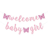 1pc Pink Butterfly "Welcome Baby Girl" Banner for Baby Shower Decoration