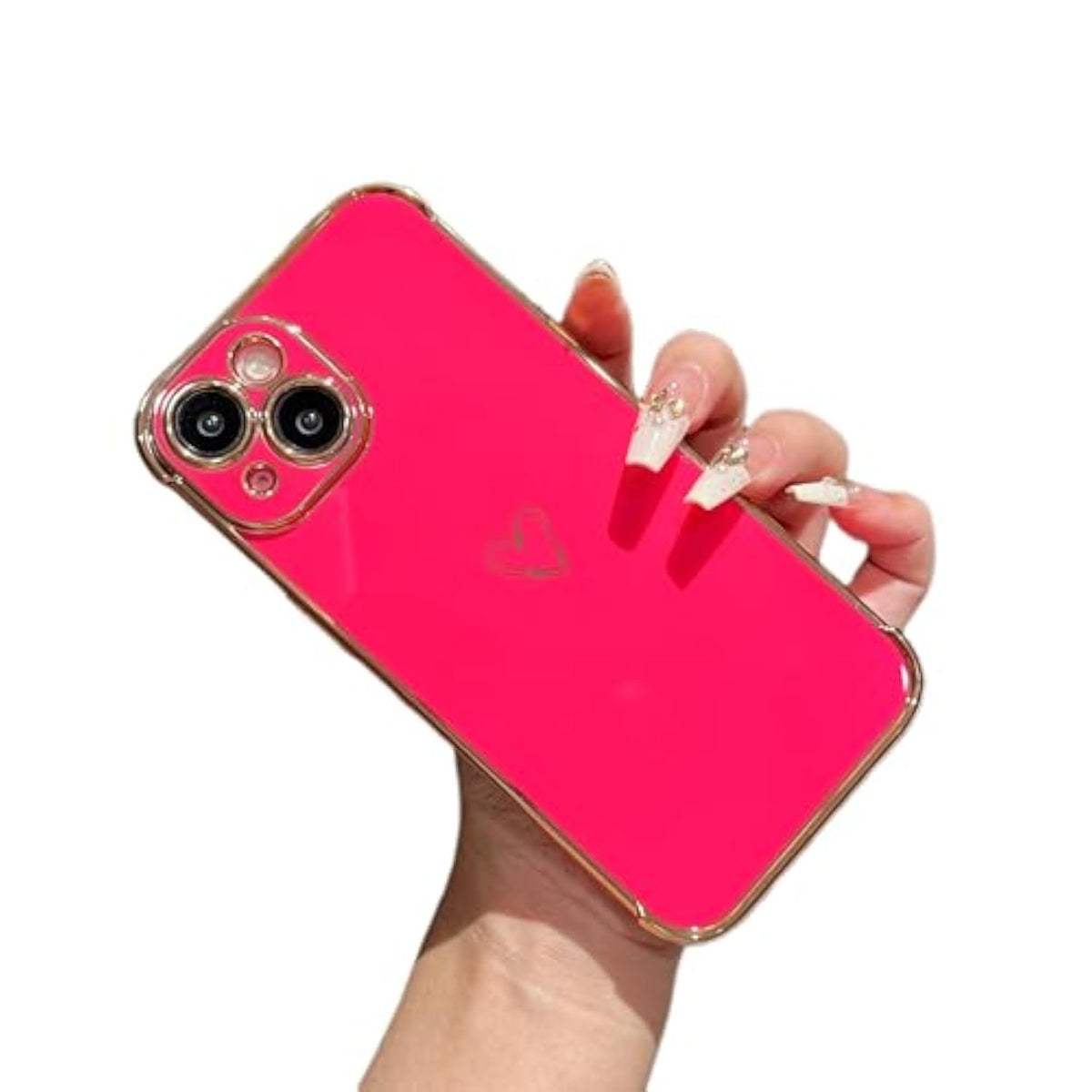 Designed For Iphone 14 Case 6.1 Inch,Cute Plating Edge Love Hearts Pattern With Camera Lens Protection Phone Cover For Girls Women,Hot Pink