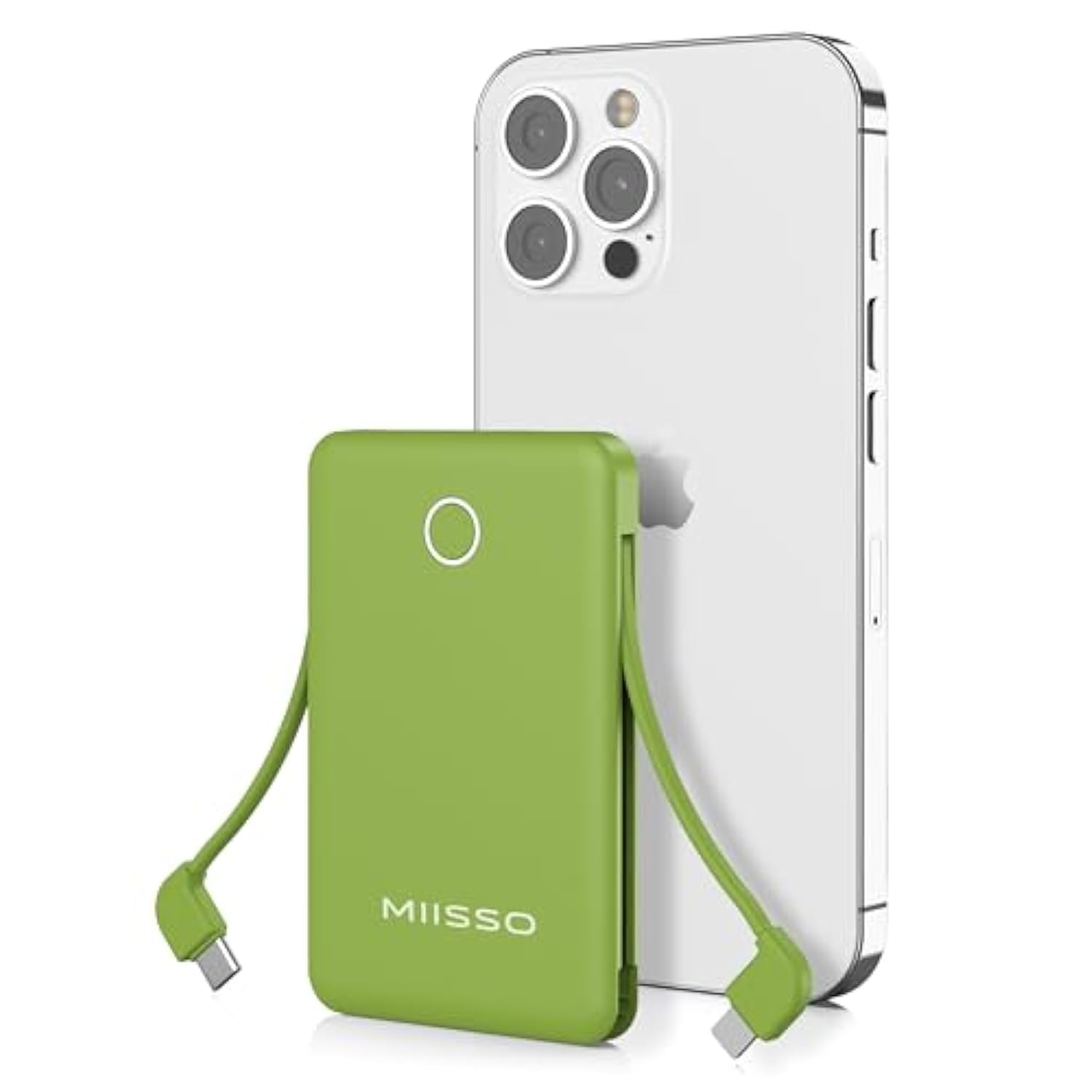 6000Mah Ultra Slim Built In Cables Power Bank, Card Size Built In Usb C Cords Battery Pack Portable Charger For Phones, 3 Output External Battery Pack Compatible With Iphone, Samsung, Google, Green