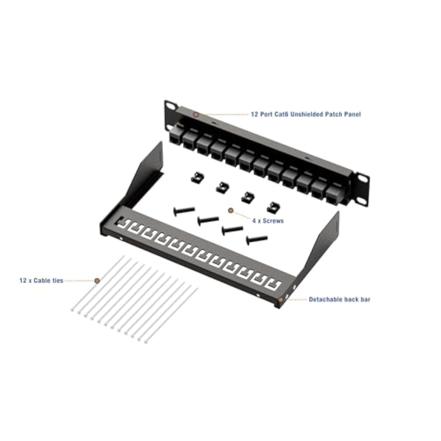 12 Port Rj45 Through Coupler Cat6 Patch Panel With Back Bar, Wallmount Or Rack
