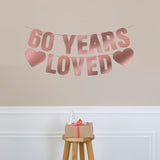 Pre-Strung Rose Gold 60 Years Loved Banner, 60th Birthday Decorations for Women