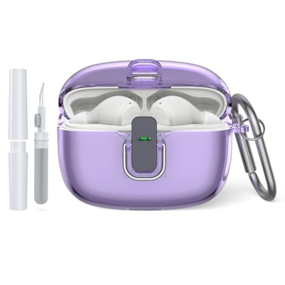 Transparent TPU Protective Cover with Carabiner for JBL Vibe Beam 2 Charging Case, Compatible with JBL Vibe 200TWS/JBL Vibe Beam/Beam 2 Lock Clip Case Cover Clear with Cleaner Kit