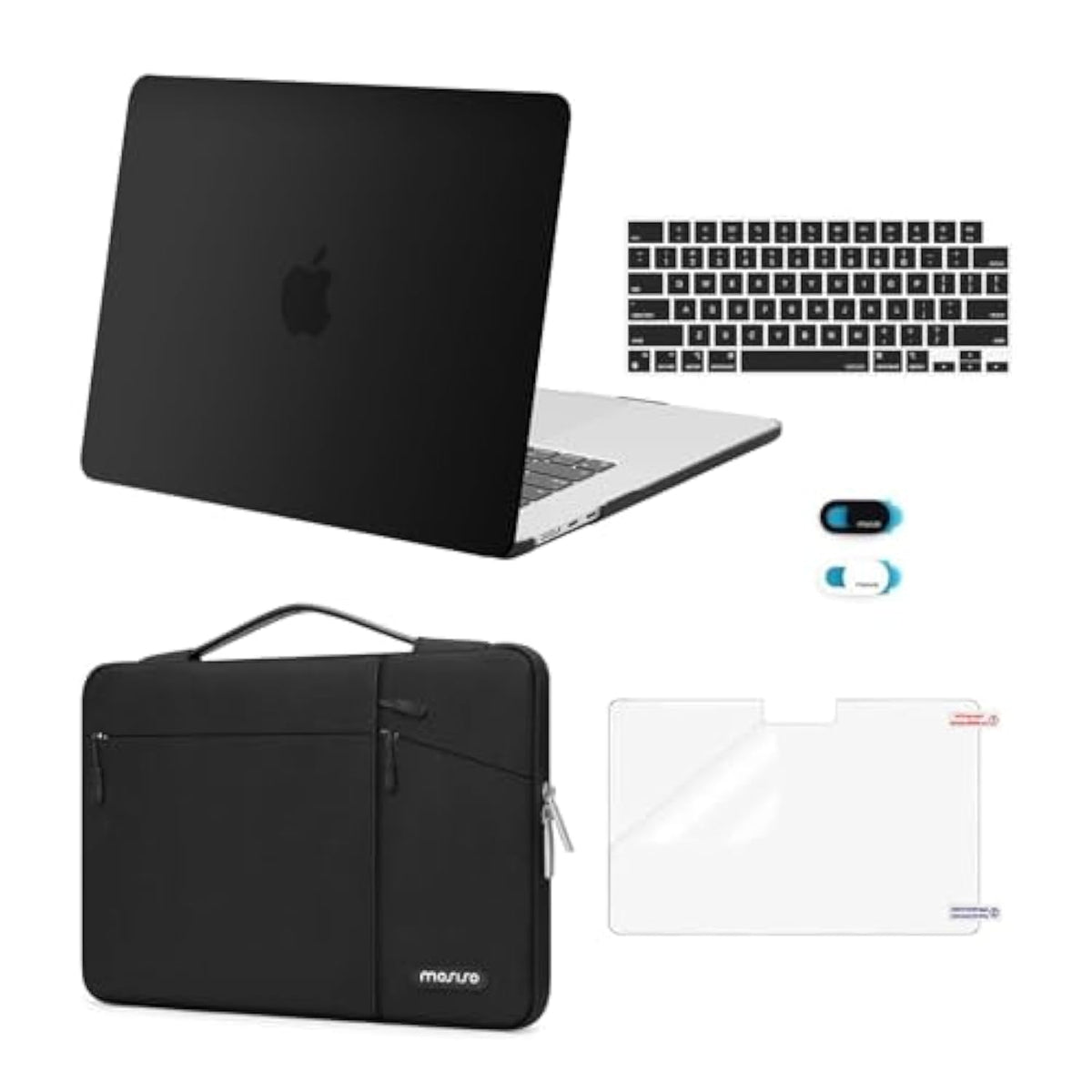MOSISO Compatible with MacBook Air 15 inch Case 2025 2024 2023 Release M4 A3241 M3 A3114 M2 A2941, Hard Shell&Horizontal Vertical Right Bevel Pockets Bag&Keyboard Cover&Webcam Skin&Screen Film, Black