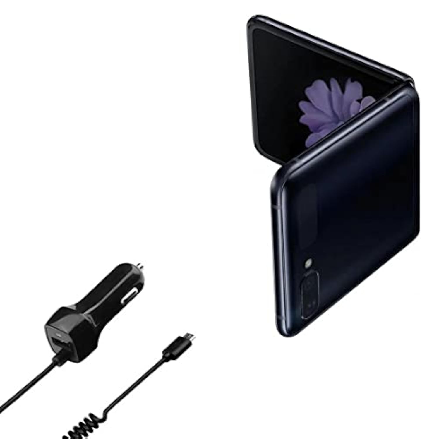 BoxWave Car Charger Compatible with Samsung Galaxy Z Flip - Car Charger Plus, with Extra USB Port and Integrated Built-in Cable - Black