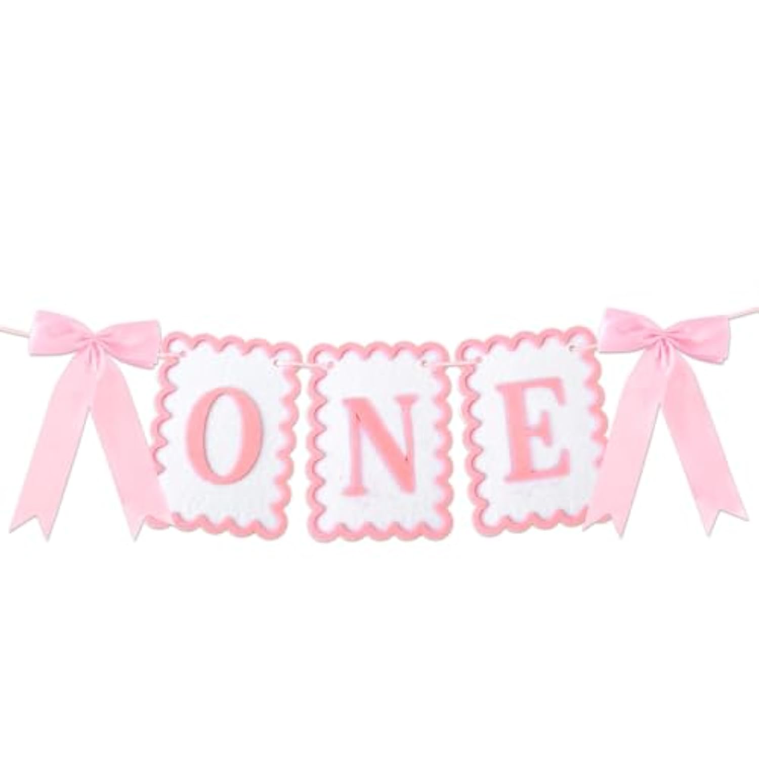 Bow Highchair Banner For 1St Girls Birthday Decoration, Pink And White One Birthday Banner For Party Decor Photo Props(Pre-Strung)