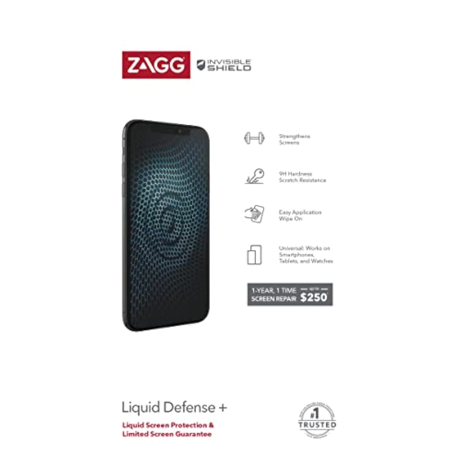ZAGG InvisibleShield Liquid Defense+ Screen Protector with $250 Screen Repair  - Nano Technology Hardened Protection for Apple & Samsung Smartphones, Tablets, and Watches, Easy Application