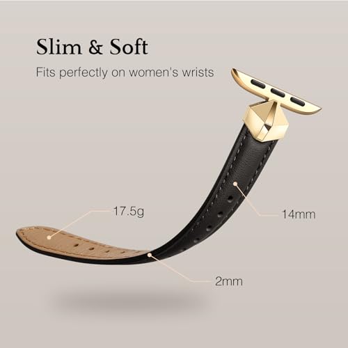 Leather Band Compatible with  Watch Bands Women 38mm 40mm 41mm 42mm(Series 11/10),Dressy Slim Grain Genuine Leather band for iWatch SE Series