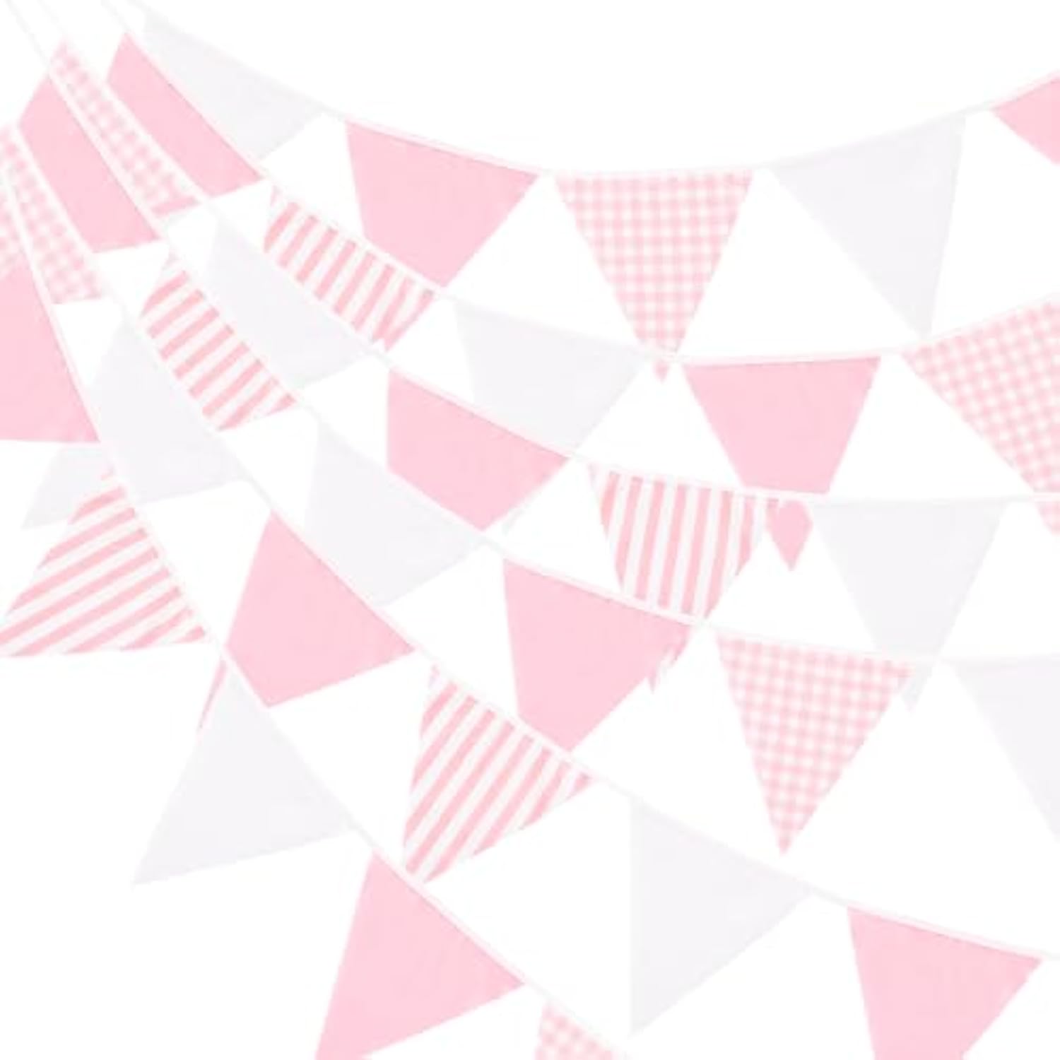 39Ft Pink White Party Decoration, 42Pcs Large Striped And Checkered Fabric Banner Garland, Triangle Banner Flags For Valentine'S Pink Party, Wedding, Bridal Baby Shower, Home Nursery Decoration