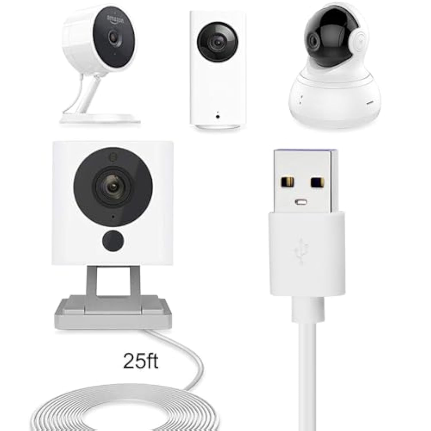 Smays 4-Pack 25ft Security Camera Micro USB Extension Cable Compatible for Wyze Cam Pan, Blink Mini, YI Home Camera, White