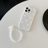 Clear Cute Ribbon Bowknot Aesthetic Phone Case with Charm Bracelet Chain Raised Camera Protection Stylish Soft Durable TPU Protective Cover for iPhone 17e/iPhone 16e - White