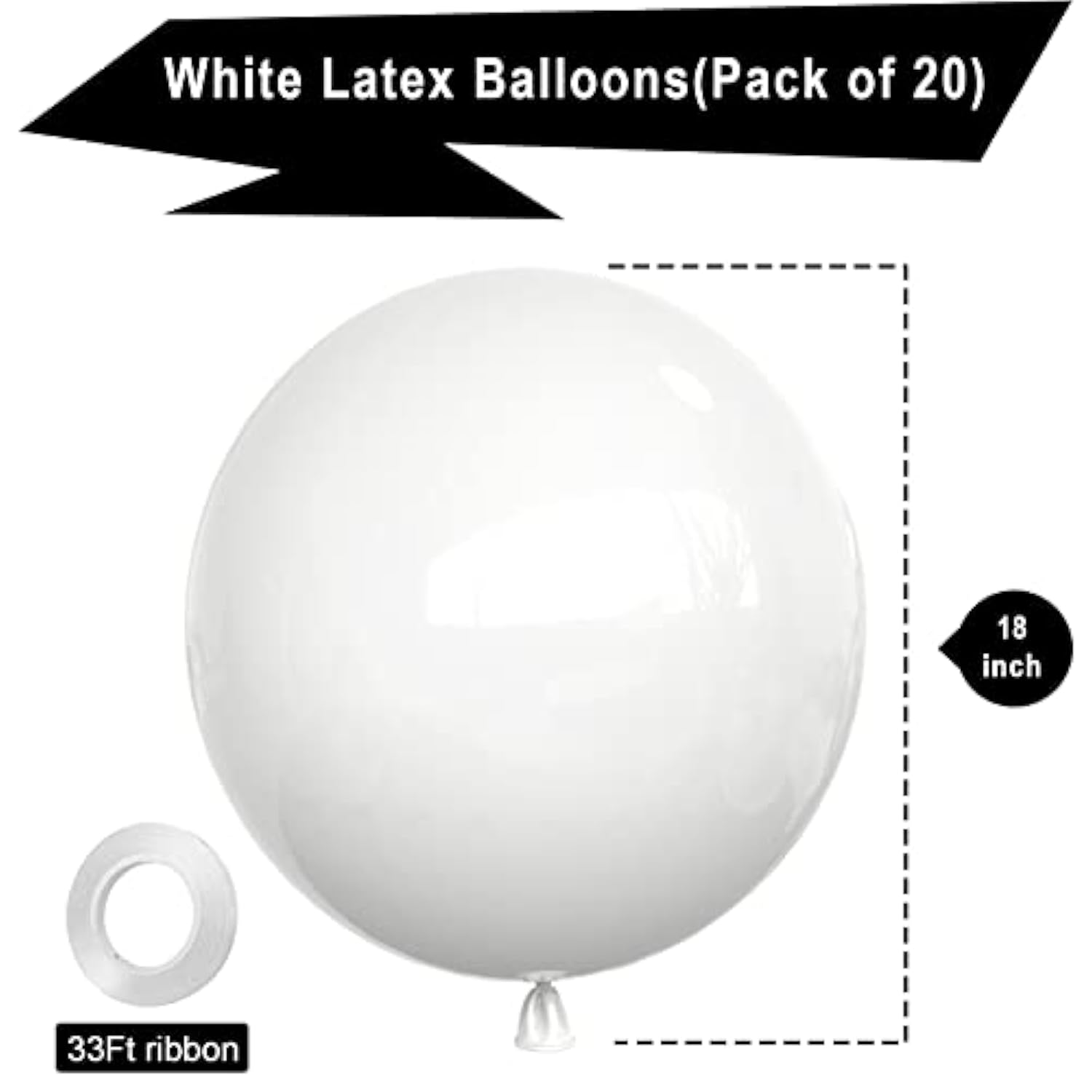 20-Pack 18" White Latex Balloons – Large Helium Balloons for Party & Event Decor