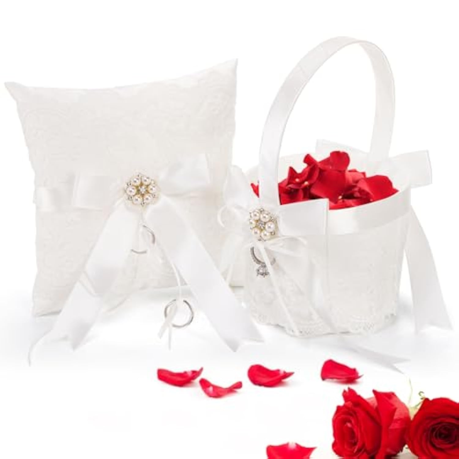 2 Pack Flower Girl Basket And Ring Bear Pillow Set, Cute Lace Pearl Flower Baskets With Ring Cushion, Cherish Ivory Rhinestones Satin Wedding Fairy Decor Party Ceremony