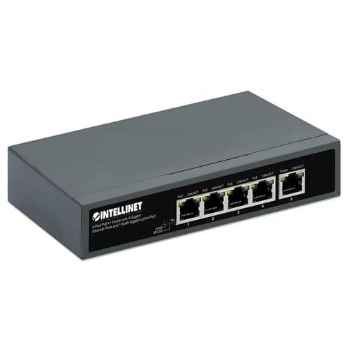 Intellinet 5-Port Poe++ Ethernet Switch With 4 Gigabit Ports & 1 Rj45 Gb Uplink Port-140W Power Budget, Output Up To 90W Per Port, Unmanaged, Wall Mountable/Desktop, Fanless, 3 Yr Mfg 562010