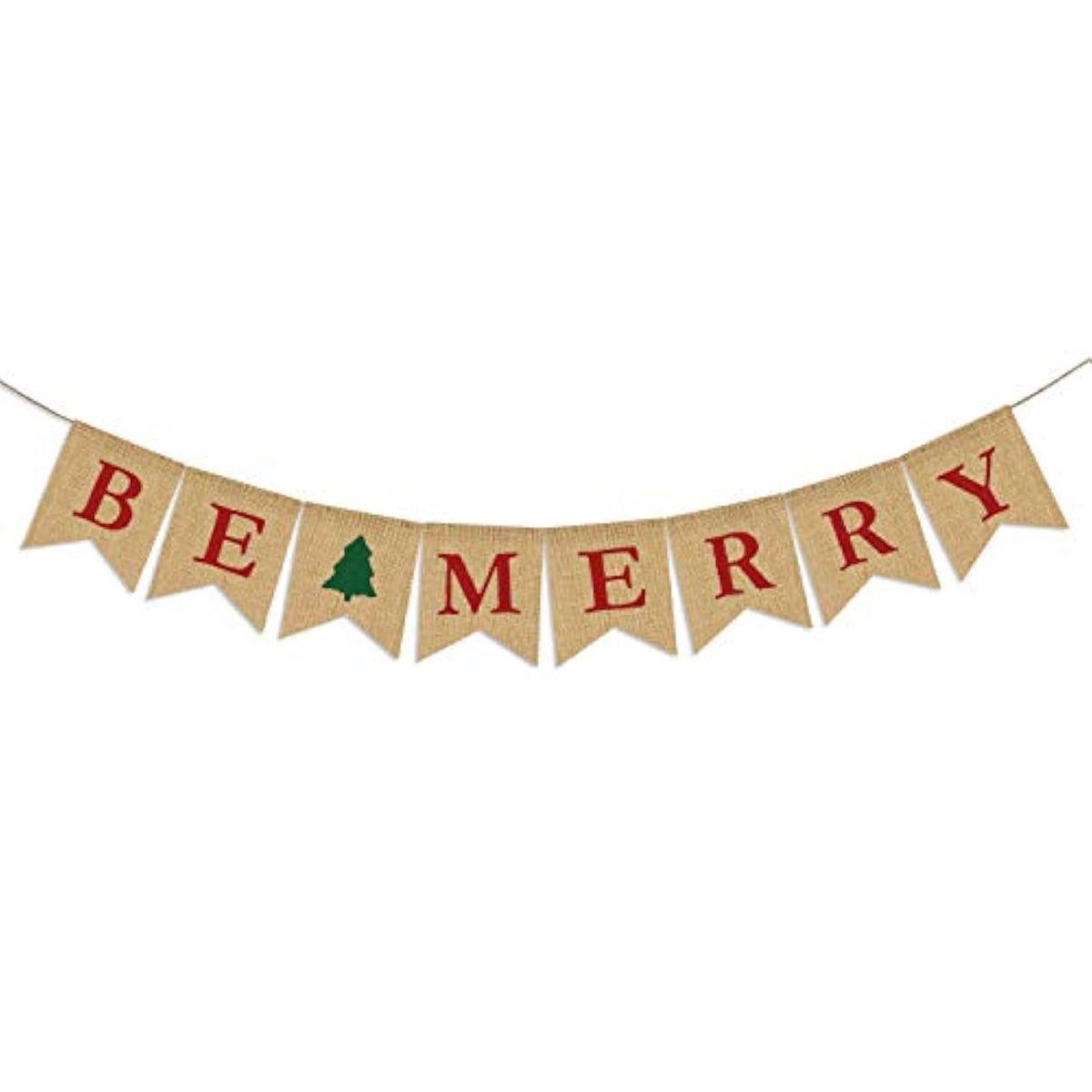 Be Merry Christmas Tree Garland | Holiday Bunting | Indoor/Outdoor Natural Burlap Banner