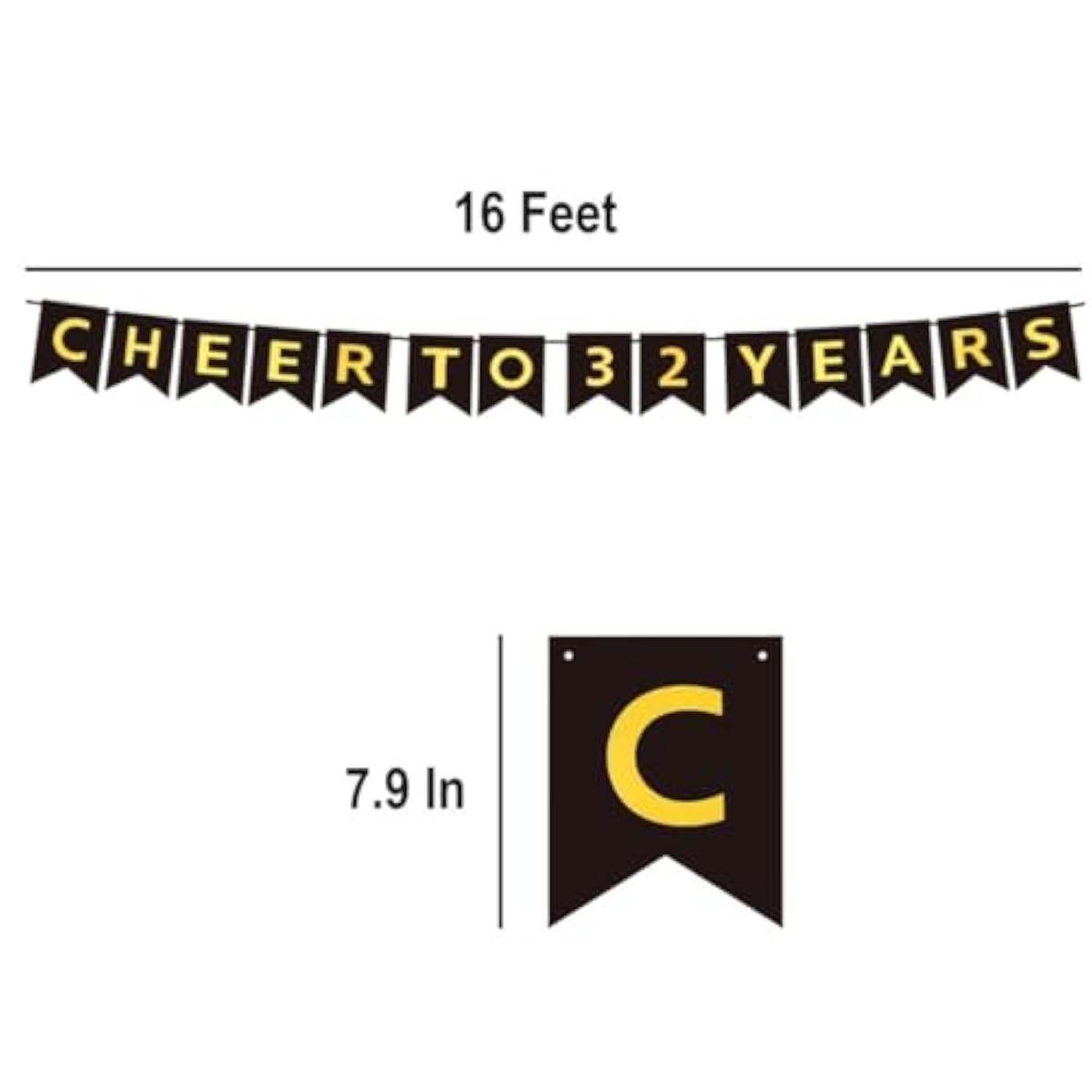 Cheers To 32 Years Banner, Black Gold, 7.9" X 197" Fishtail Pennant, 32Nd Birthday & Anniversary Occasion, Indoor/Outdoor Use