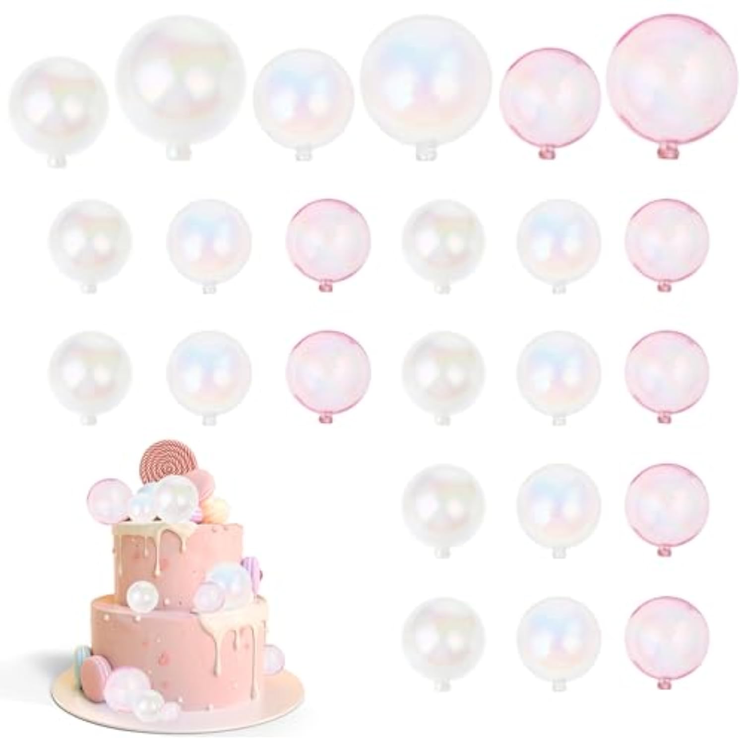 24Pcs Bubble Cake Toppers For Birthday Transparent White Pink Bubble Cake Decorations Multiple Sizes Balloon Birthday Cakes Decorations Balloon Cakes Topper For Wedding Anniversary Party Baby Shower