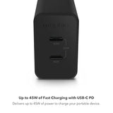 Mophie speedport 45 USB-C Charger GaN 45W 2-Port Fast Compact Foldable Charger for MacBook Pro 13, Galaxy S25/S24, iPhone 17/16/15/14 Pro, Google Pixel 10, and More - Black