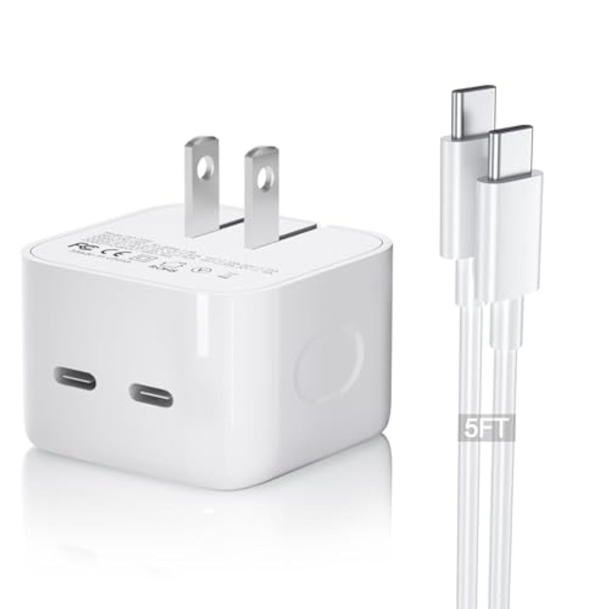 Dual Usb-C Charger 35W Compact Power Adapter Gan Fast Foldable Double Port Usbc Wall Charger Block Travel For Iphone/15/16/14/13/12/11/Pro/Max/Plus/Mini/I Pad/Samsung And More - 6Ft Usb C Cable