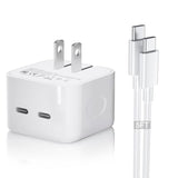 Dual Usb-C Charger 35W Compact Power Adapter Gan Fast Foldable Double Port Usbc Wall Charger Block Travel For Iphone/15/16/14/13/12/11/Pro/Max/Plus/Mini/I Pad/Samsung And More - 6Ft Usb C Cable