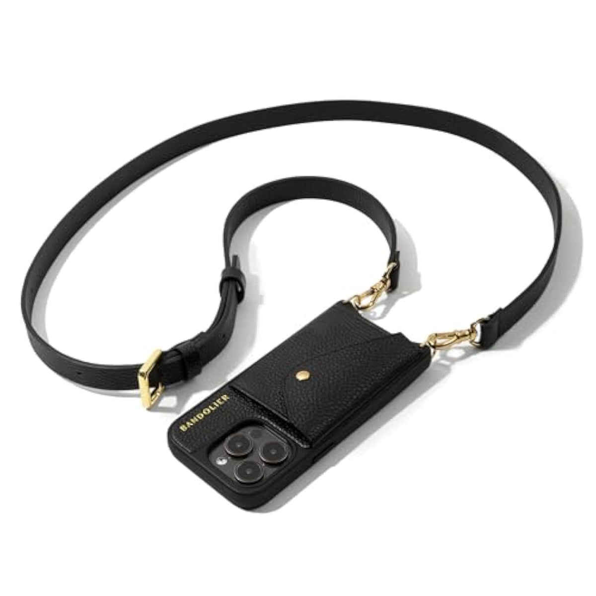Bandolier Hailey Crossbody Wallet Phone Case for iPhone 16 Pro. 100% Genuine Pebble Leather with Gold Hardware. Adjustable & Removable Strap. Expandable Flip Card Holder. Black with Gold